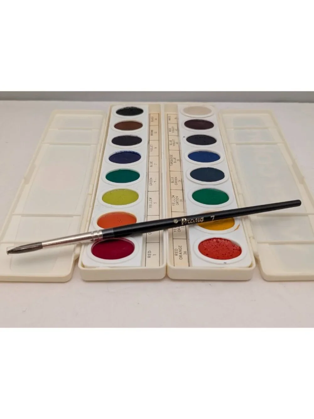 PRANG Water Colors w/ Prang 7 Brush | 16 Colors | Semi-Moist | Half-Pan | OVL-16